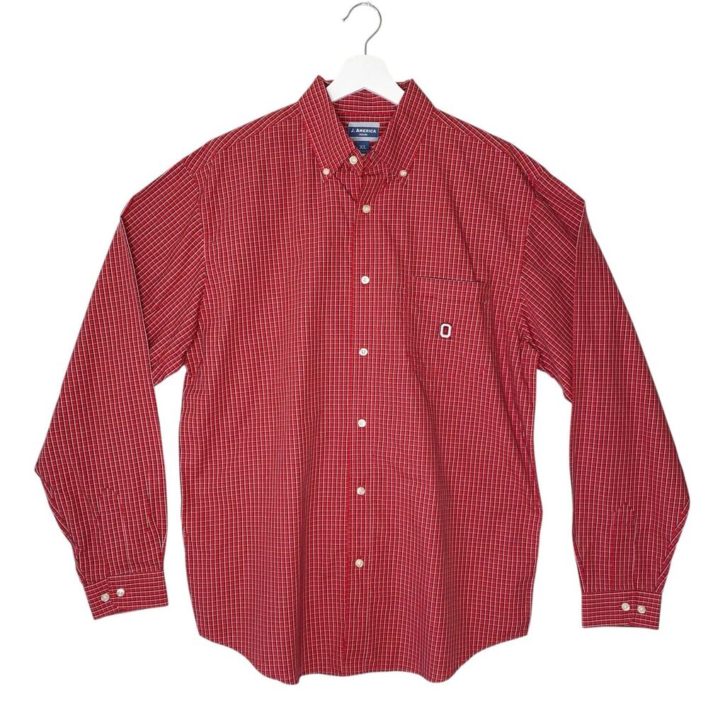 Ohio State Buckeyes Button Down Shirt Mens XL Red Plaid J.America‎ Single Pocket